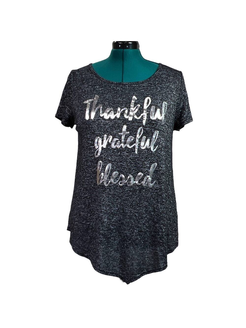 SJS Marled Black Gray Scoop T-Shirt Thankful Grateful Blessed Silver Metallic Lg
